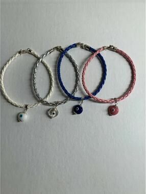 New 925 Sterling Silver Braided Leather Bracelet - Evil Eye Charm